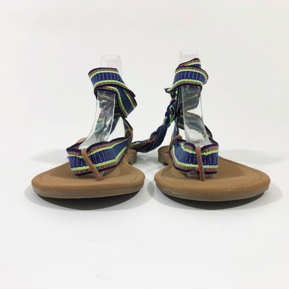 EUC  Braided Ribbon Ankle Tie Flat Thong Sandals - Picture 6 of 11